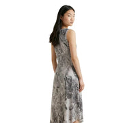 Desigual grey print sleeveless dress in flowing fabric with intricate grayscale botanical pattern, floor-length design