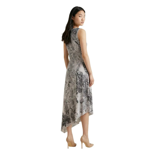 Desigual grey print sleeveless midi dress with high neck and flowing gray and white botanical asymmetrical hemline