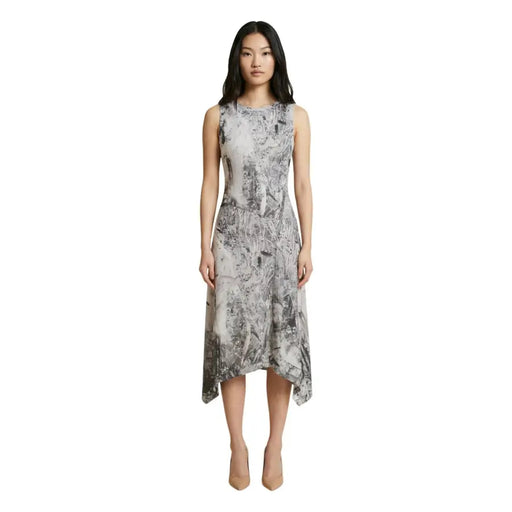 Desigual grey print sleeveless midi dress with asymmetrical hem and flowing monochrome botanical fabric