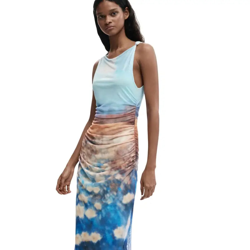 Desigual light blue sleeveless polyester dress with high neck and gradient from light blue to deep ocean blue and earthy waistband