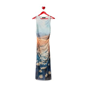 Desigual light blue sleeveless polyester dress with floor-length design and gradient sky and cloud print in soft hues
