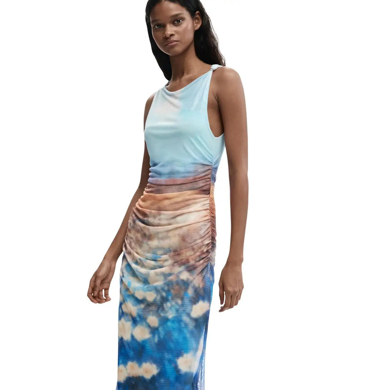 Desigual light blue sleeveless polyester dress with high neck and gradient from light blue to deep ocean blue and earthy waistband
