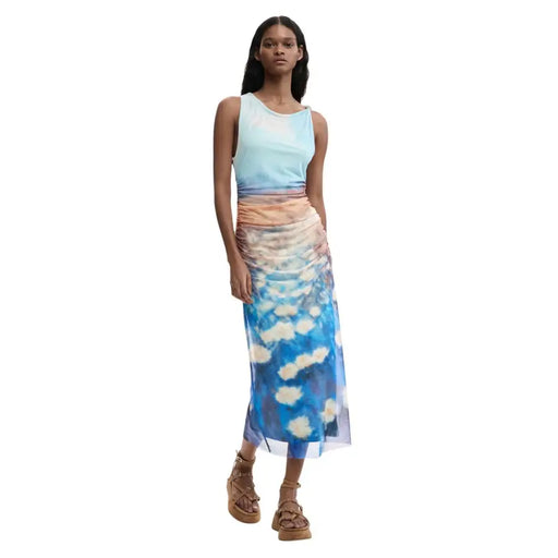 Desigual light blue sleeveless polyester dress with flowing gradient midi skirt and dreamy cloud sky print in soft colors