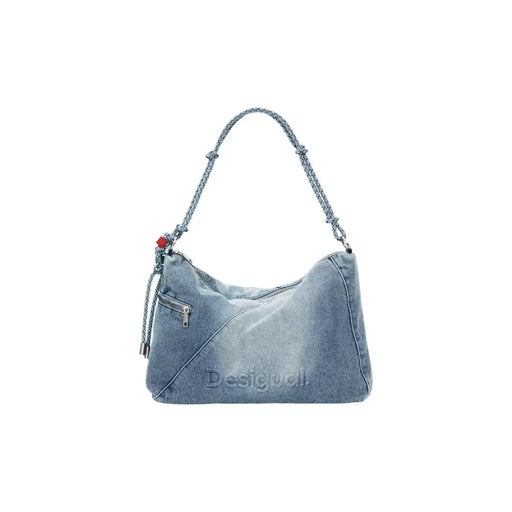 Hellblaue Desigual-Handtasche mit Reißverschluss, geflochtenem Riemen und roter Perlenverzierung