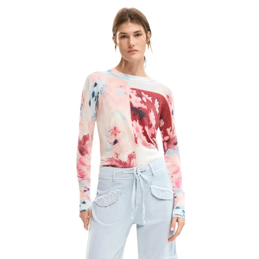 Desigual pink floral long sleeve viscose knitwear with soft watercolor floral pattern on light blue fabric