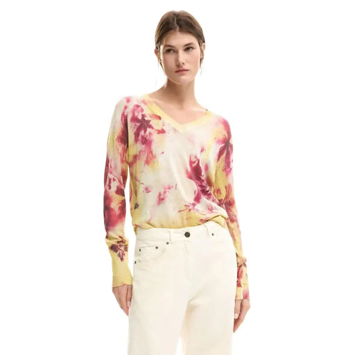 Desigual pink floral long v-neck knitwear for women soft long-sleeved top with vibrant pink and yellow hues