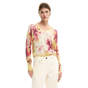 Desigual pink floral long v-neck knitwear for women soft long-sleeved top with vibrant pink and yellow hues