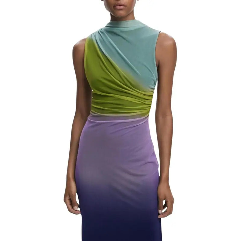 Desigual Purple sleeveless mock neck midi dress with colorful ombre design and ruched waist