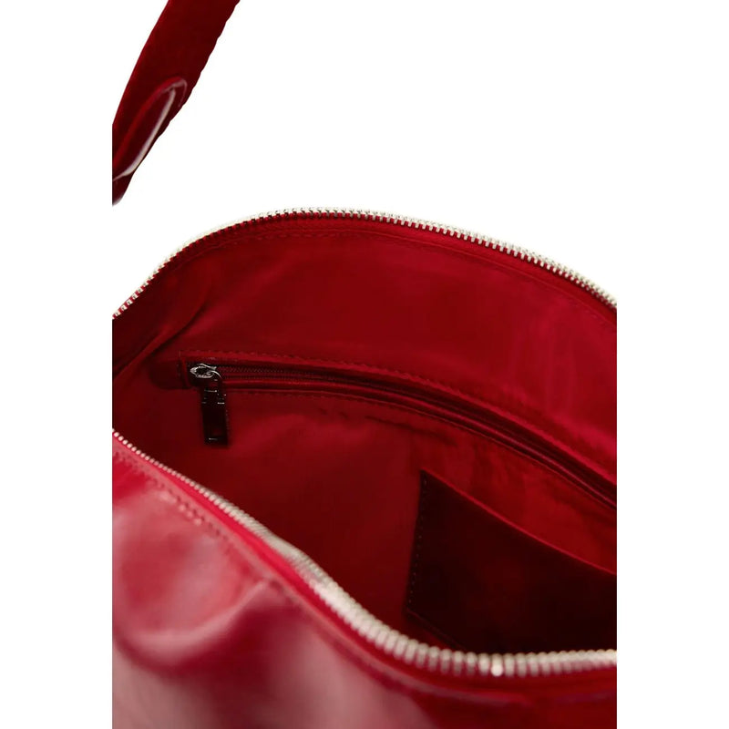 Desigual red polyester handbag with zip pockets featuring red patent leather, silver zipper, and black metal pull tab