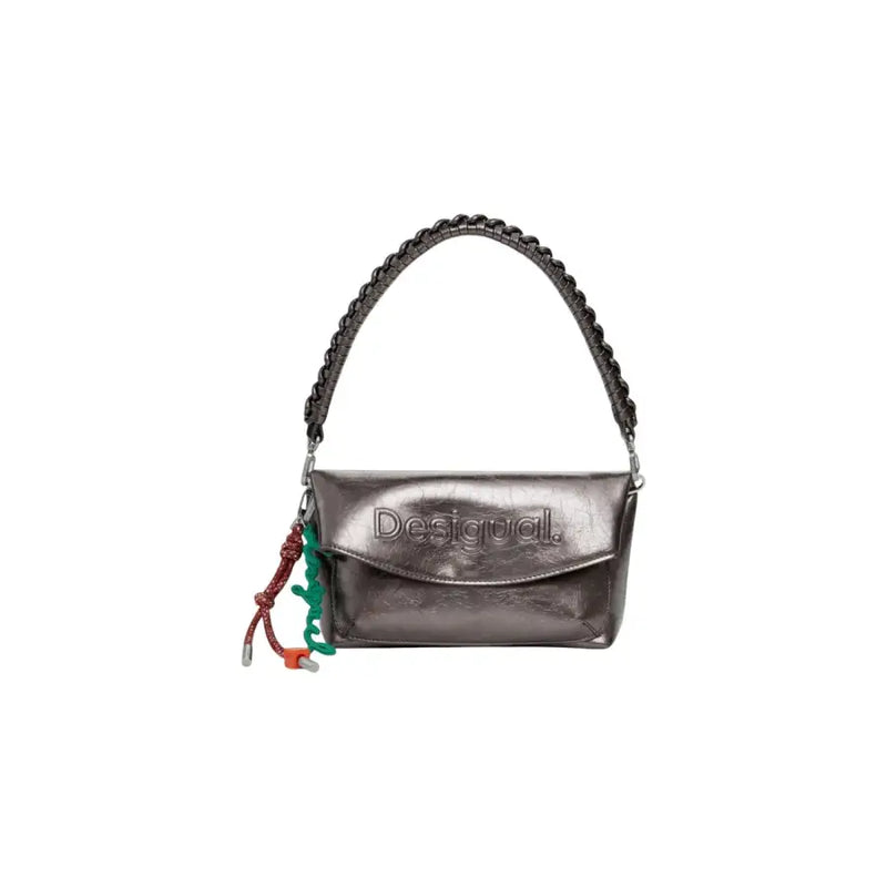 Shiny gunmetal gray shoulder bag with braided strap and colorful tassel charm for Desigual collection