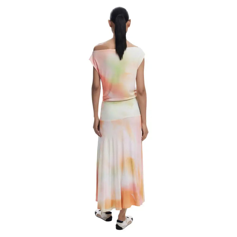 Women’s tie-dye off-the-shoulder top and maxi skirt set displayed in Desigual Sleeveless Orange Boat Neck Dress