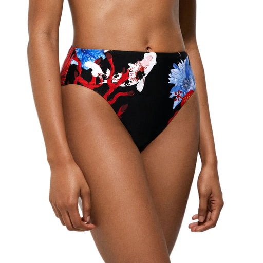 Schwarzes, hochgeschnittenes Desigual Damen-Bikinihöschen aus Polyamid mit lebhaftem Blumen- und Koi-Fischmuster