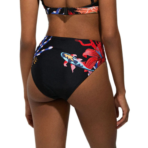 Schwarzes, hochgeschnittenes Bikinihöschen aus Polyamid mit leuchtenden Koi-Karpfen und rotem Blumenmuster von Desigual Damen-Strandbekleidung