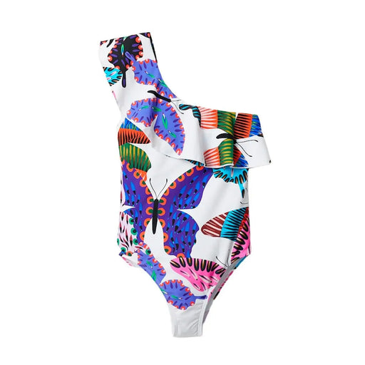 Desigual Damen-Badeanzug aus weißem Polyamid mit einem Träger und bunten Schmetterlingsmotiven