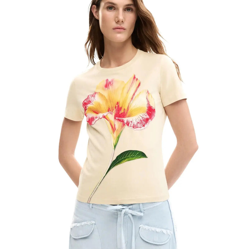 Desigual women beige cotton t shirt with round neck and vibrant yellow pink floral print on chest
