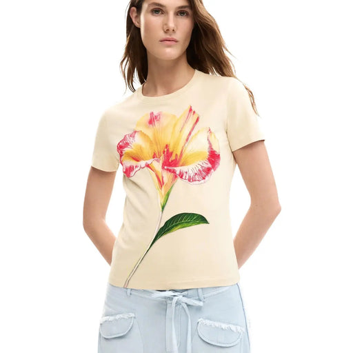 Desigual Damen-T-Shirt aus beigefarbener Baumwolle mit Rundhalsausschnitt und leuchtend gelb-pinkem Blumenmuster auf der Brust