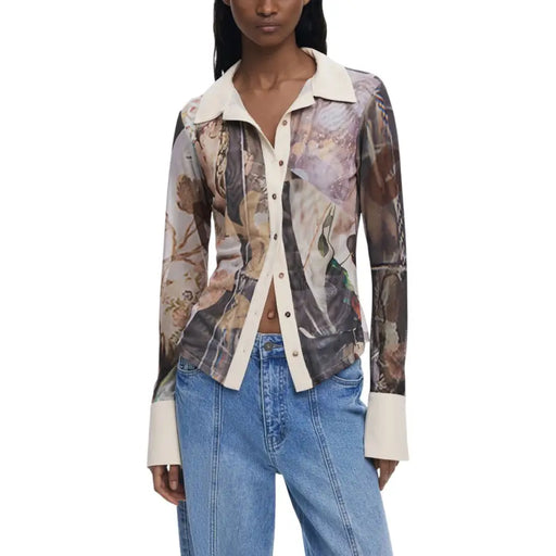 Desigual womens beige floral long sleeve button-up shirt