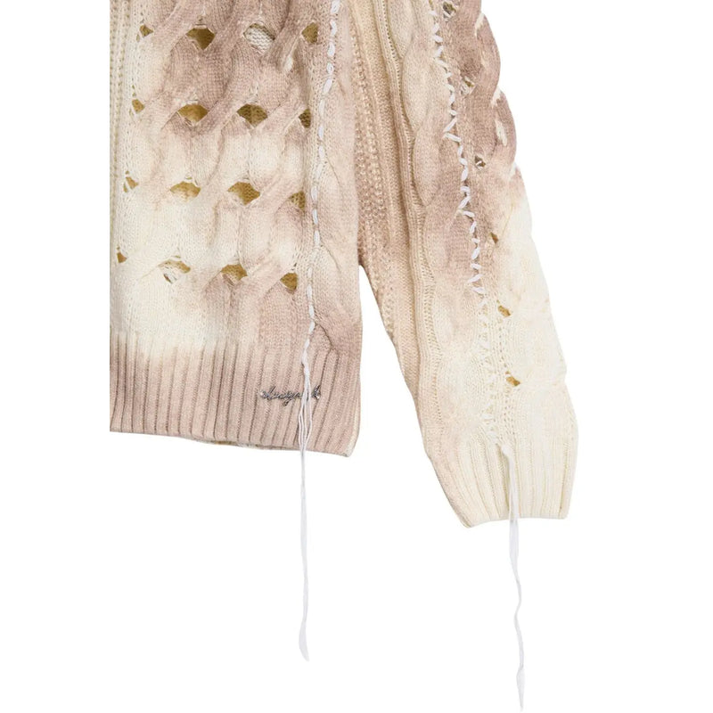 Desigual Damen-Pullover aus beigefarbenem Wollmischgewebe mit Rundhalsausschnitt, Zopfmuster und Used-Look-Details