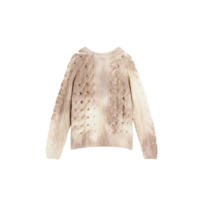 Desigual Damen-Pullover aus beigefarbenem Strickgewebe mit Rundhalsausschnitt, aufwendigen Zopfmustern und dezenten goldfarbenen Verzierungen