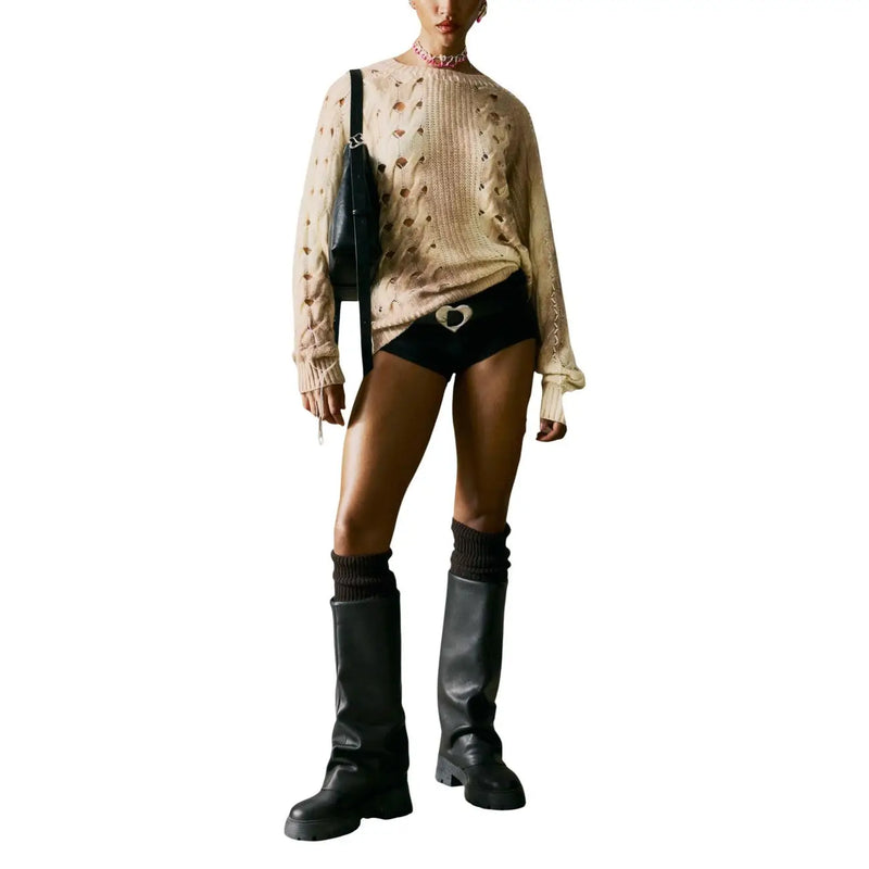 Beigefarbener Desigual Damen-Strickpullover aus Wollmischung mit Rundhalsausschnitt, Augenmotiven und herzförmigem Aufnäher an der Taille