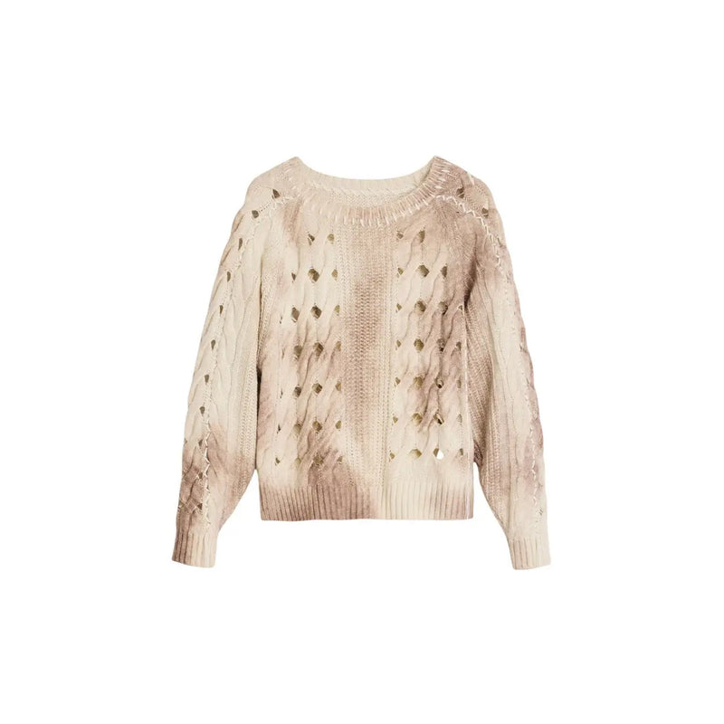 Beigefarbener Desigual Damen-Strickpullover aus Wollmischung mit strukturiertem Zopfmuster und dekorativen Cut-Out-Details