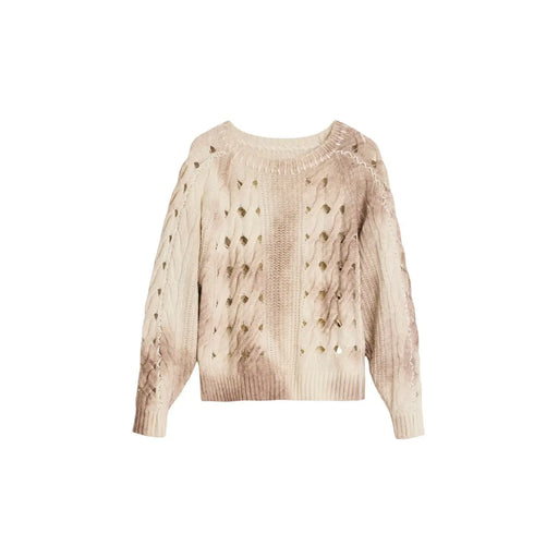 Beigefarbener Desigual Damen-Strickpullover aus Wollmischung mit strukturiertem Zopfmuster und dekorativen Cut-Out-Details