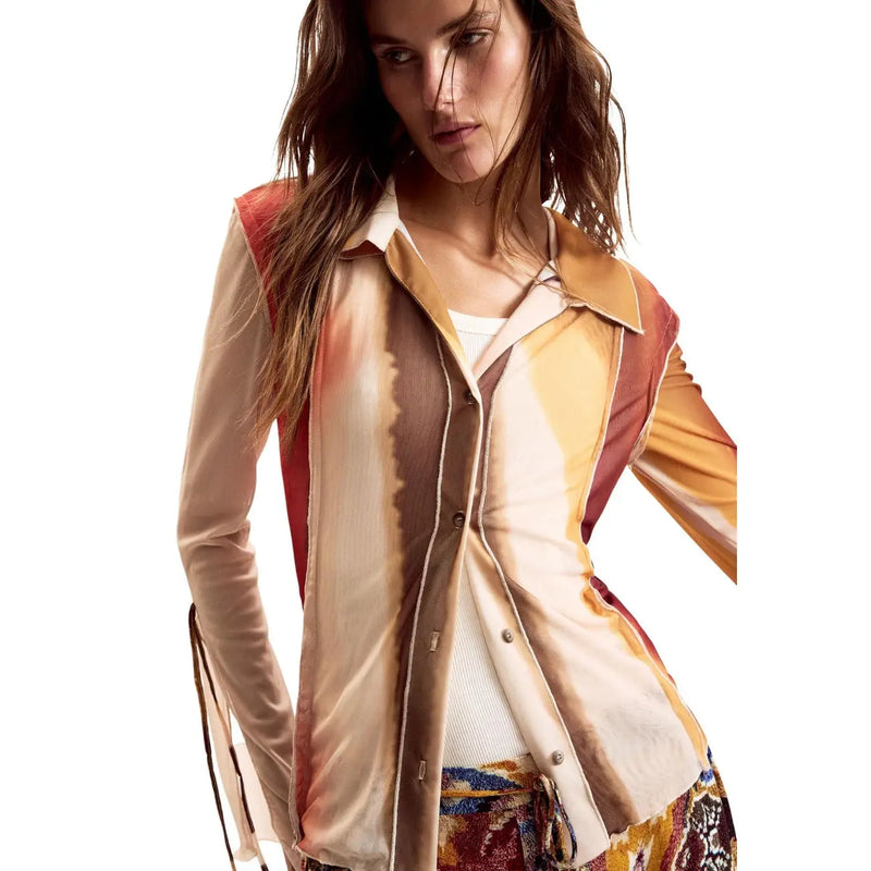 Desigual women beige long sleeve round neck classic shirt with flowing fabric and warm earth tone gradient sheen