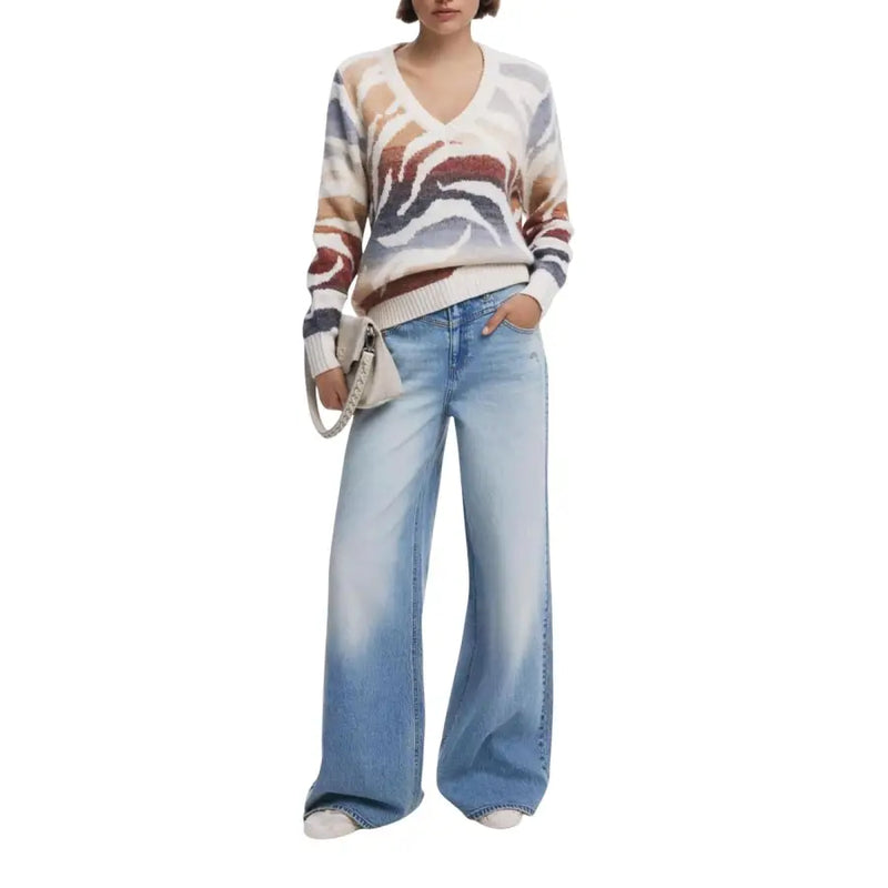 Women’s beige long V-neck knitwear with colorful abstract pattern from Desigual