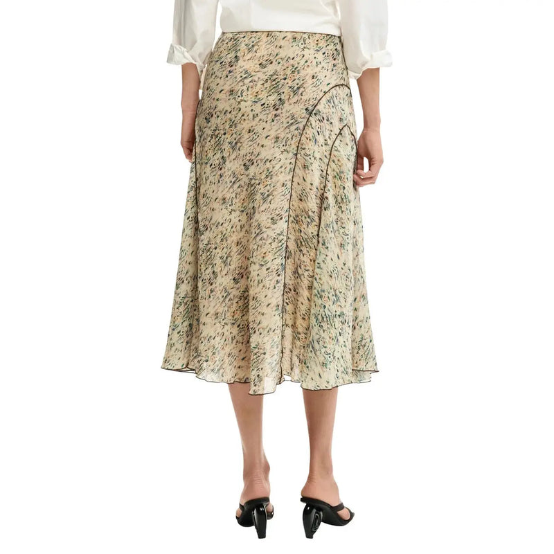 A flowing mid-calf beige polyester skirt with green and black abstract floral pattern for spring summer by Desigual