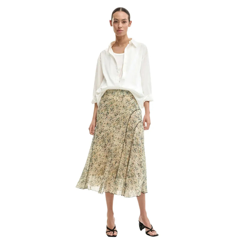 Desigual women beige polyester skirt with flowing mid-calf length and delicate green and brown floral spring summer design