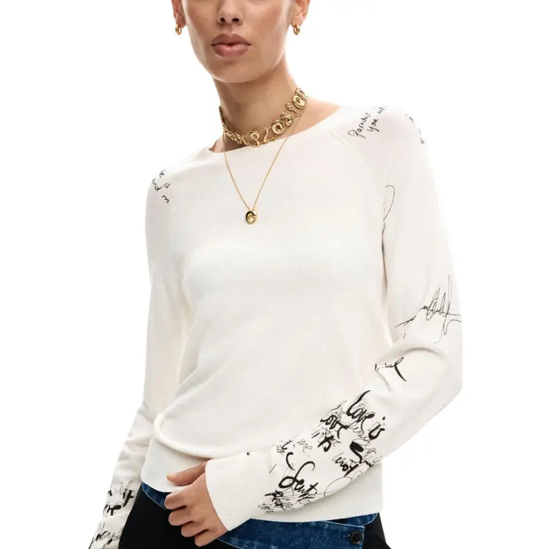 Desigual women beige knitwear with black handwritten text and doodles on sleeves long sleeve round neck sweater