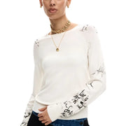 Desigual beigefarbener Damen-Strickpullover mit Print und langen Ärmeln sowie schwarzem, handgeschriebenem Ärmeltext