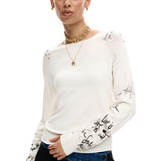 Desigual women beige knitwear with black handwritten text and doodles on sleeves long sleeve round neck sweater