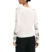 Back side of desigual women beige print long sleeve knitwear round neck white knit sweater with black script detailing