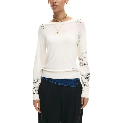 Off-white cashmere sweater with black handwritten-style script and signature detail for women knitwear