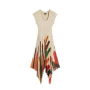 Desigual women beige sleeveless printed dress with v-neckline and asymmetrical pleated skirt for spring summer