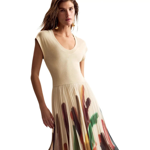 A flowing beige midi dress by Desigual with a fitted bodice and pleated skirt featuring earthy brushstroke patterns