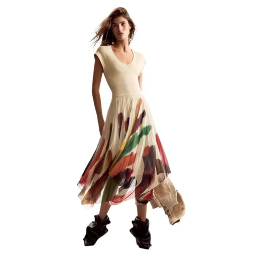 A desigual women beige printed short dress with a cream midi dress silhouette and abstract multicolored pleated skirt