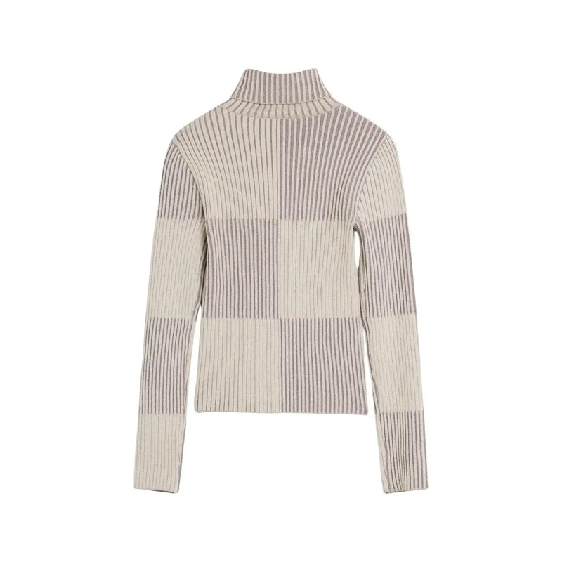Desigual Damen-Rollkragenpullover in Beige mit Rippstrickmuster in neutralem Beige und hellgrauem Karomuster