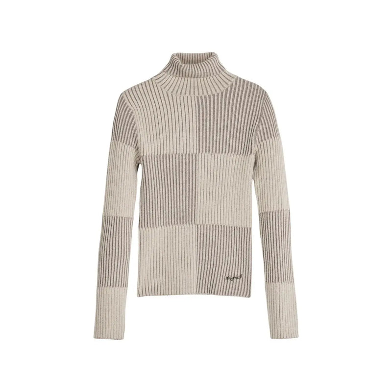 Beigefarbener Rollkragenpullover von Desigual für Damen mit Rippstrickstruktur und zweifarbigen vertikalen Streifen in horizontalen Blöcken