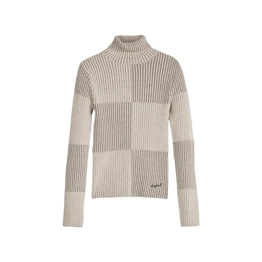 Beigefarbener Rollkragenpullover von Desigual für Damen mit Rippstrickstruktur und zweifarbigen vertikalen Streifen in horizontalen Blöcken