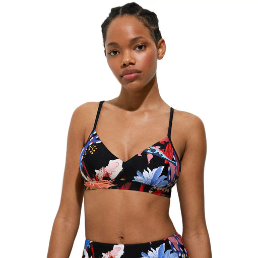 Desigual Damen-Bikini, schwarz, aus Polyamid-Elastan, mit dünnen Trägern und einem lebhaften blau-pink-roten Blumenmuster