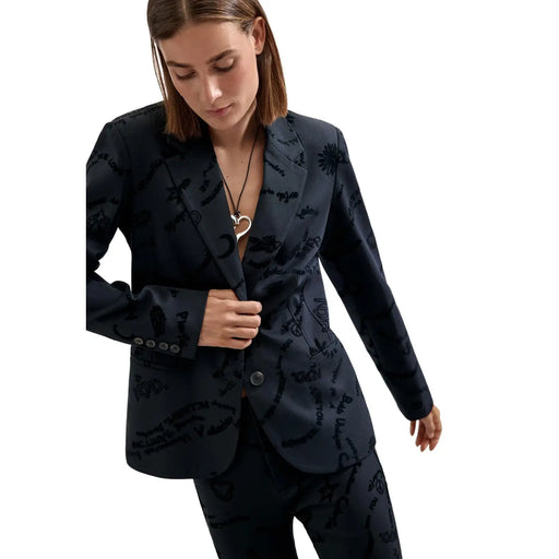 Dunkelblauer Desigual Damenblazer aus Viskosemischung mit dezentem, handgeschriebenem Allover-Print
