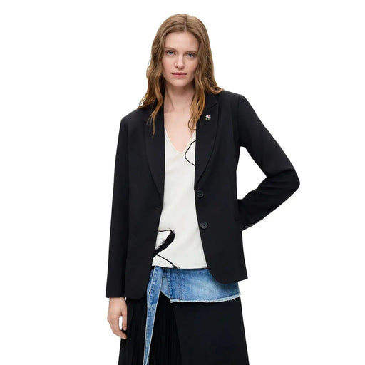 Schwarzer Desigual Damenblazer aus Viskosemischung mit langem Revers, Ein-Knopf-Verschluss und dezenter Blumenbrosche am Revers
