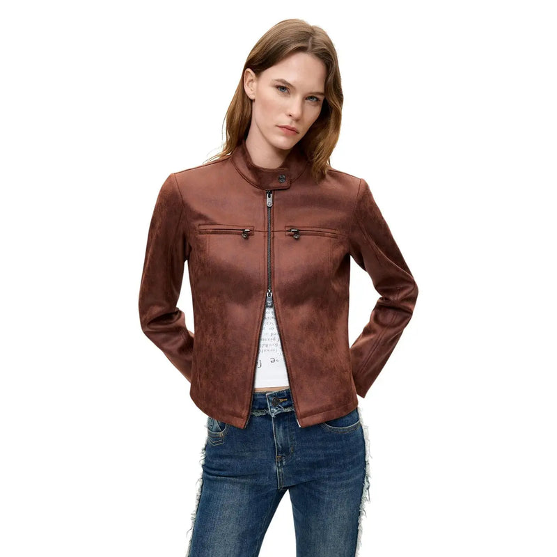 Brown suede moto jacket with zipper front and two flap pockets paired with Desigual women black polyester blazer