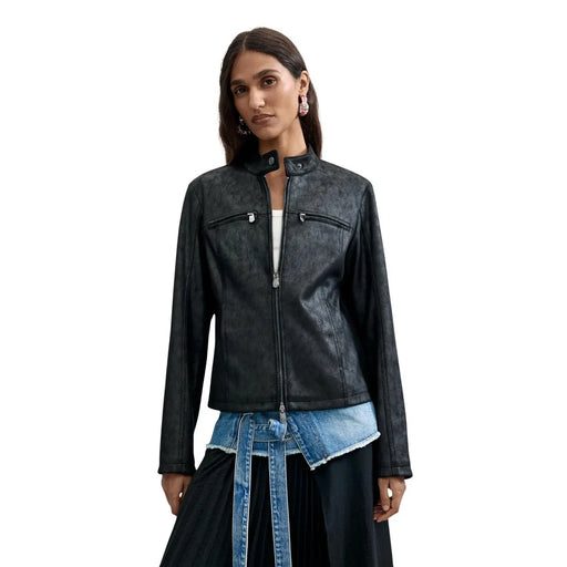 Schwarze, abgenutzte Leder-Motorradjacke mit silbernen Reißverschlüssen und Vordertaschen von Desigual für Damen, Polyesterblazer