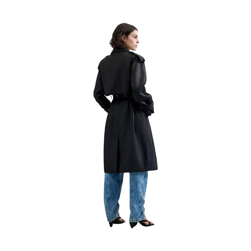 Desigual women black cotton lyocell hybrid trench blazer with structured collar and belted waist front view