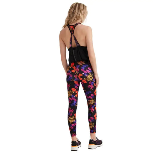 Desigual Damen-Leggings in Schwarz mit floralem Muster in leuchtendem Lila, Orange und Rosa