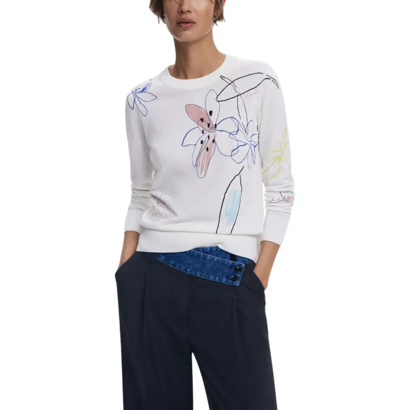 Women’s white long-sleeved sweater with abstract floral embroidery from Desigual