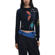 Black long-sleeve crop top with colorful floral scribbles from Desigual Women collection